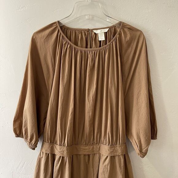 H&M Cotton Puff Sleeve Tie Waist Dress Plus Size XXL Tan Boho Travel - Picture 4 of 11